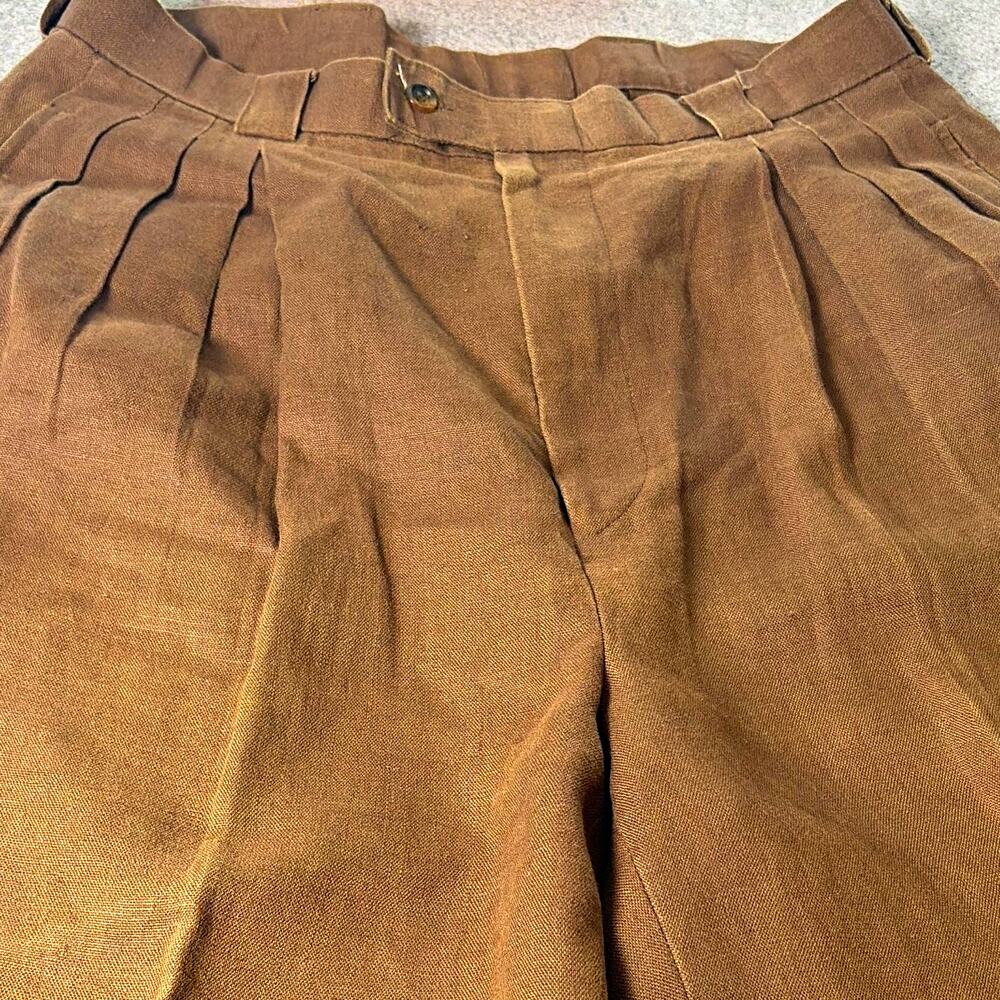 vtg Bespoke custom Brown Linen Pleated Cuffed Dress Pants 36 Quiet Luxury